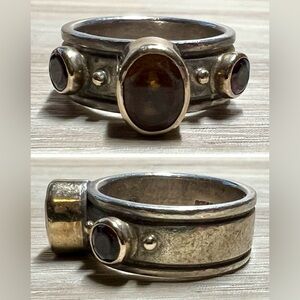 Vintage Designer R.M. Sterling Ring & 14k Gold Amber Citrine Band Ring, Size 5